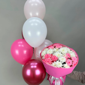  Kemer Çiçekçiler Krizantem Pembe Beyaz & 7 Adet Helyum balon 