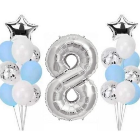  Kemer Flower 8 Years Old, 19 Helium Balloons, Silver and Blue Set