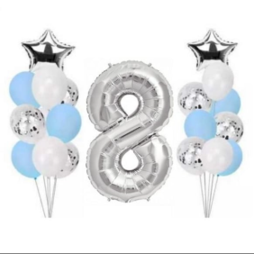  Kemer Flower 8 Years Old, 19 Helium Balloons, Silver and Blue Set