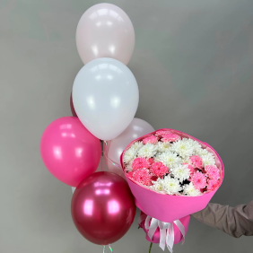  Kemer Çiçekçiler Krizantem Pembe Beyaz & 7 Adet Helyum balon 